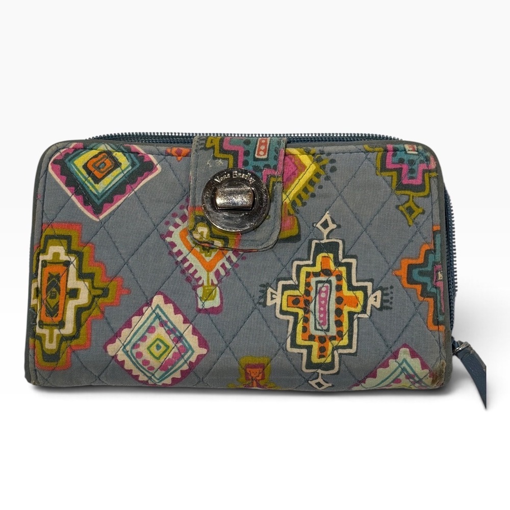 Vera Bradley Vintage Y2K Aztec Quilted Wallet Colorful Western Boho Blue Gray